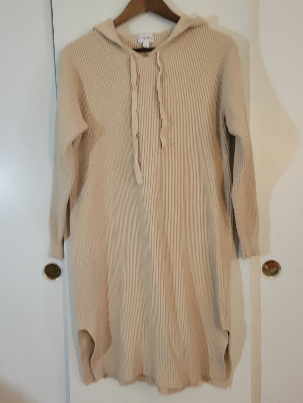 The Drop Ribbed Hooded Knit Sweater Dress in Beige